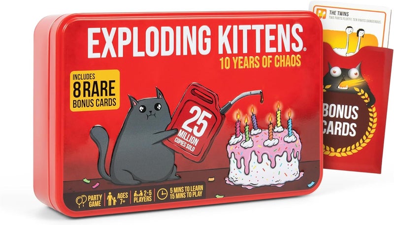 Exploding Kittens -10th Anniversary Collectible Tin (Limited Edition) – Updated with 8 Legacy Cards – Hilarious Fast-Paced Card Game for Adults and Kids, Travel Friendly, Ideal for Family Game Night - Image 1